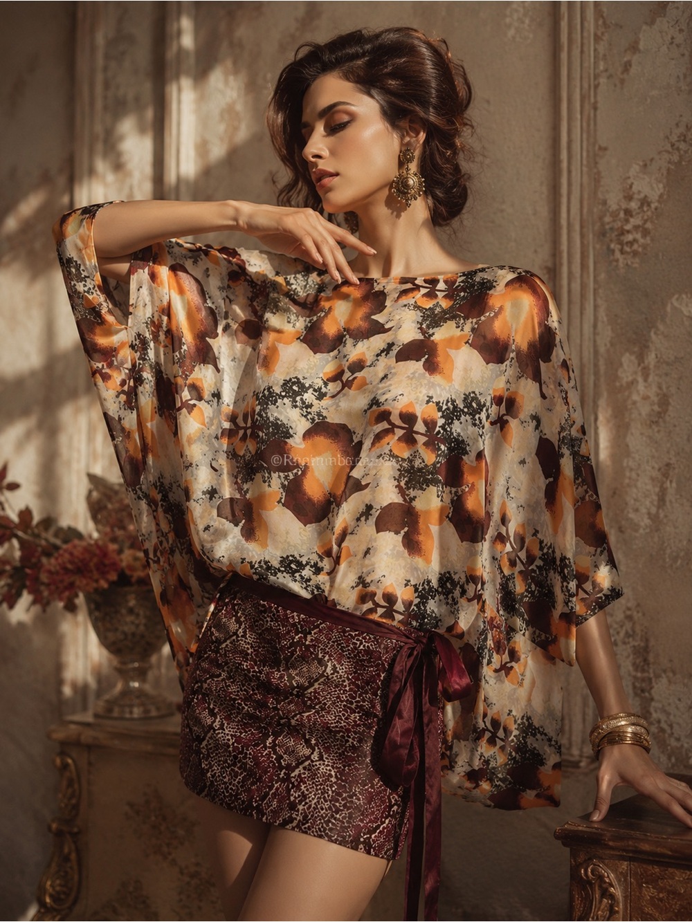 Floral Batwing Blouse with Tie Waist – Multicolor | Size XS-Small